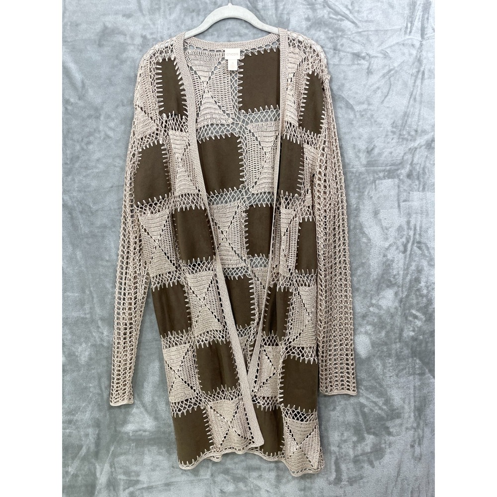 Chicos Crochet Size 3/XL Patchwork Cardigan Longline Faux Suede Beige Brown Boho - Picture 1 of 7